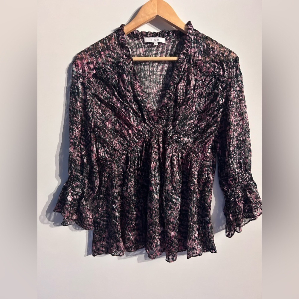 IRO Eleen Silk blend Blouse Ruffles Bell Sleeves Floral print pattern S 34 small - Picture 9 of 10